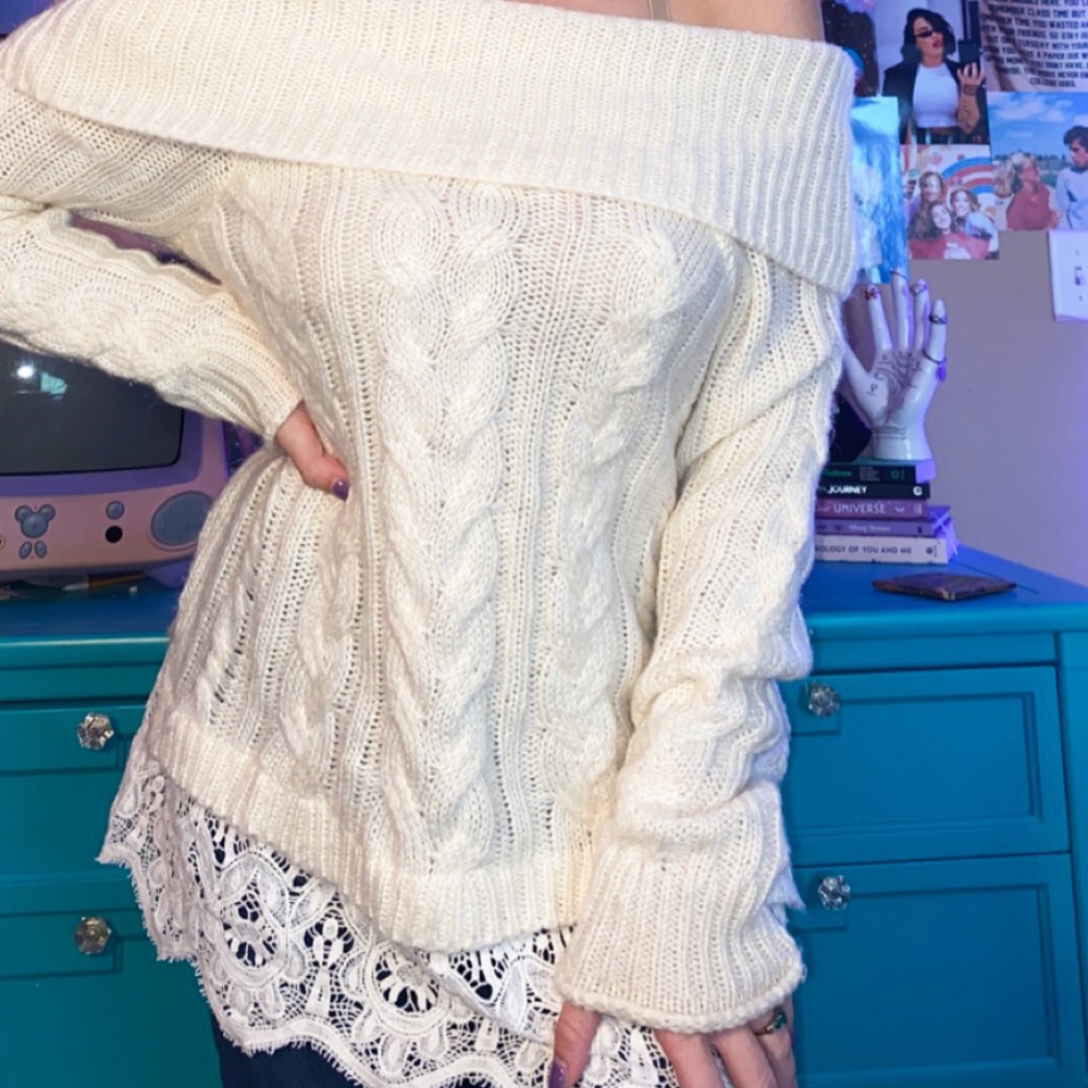 off shoulder white sweater